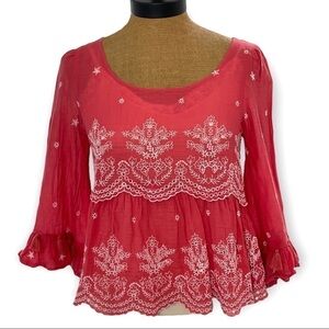 American Eagle romantic Boho eyelet shirt ruffles tassels crop festival wear Sm 